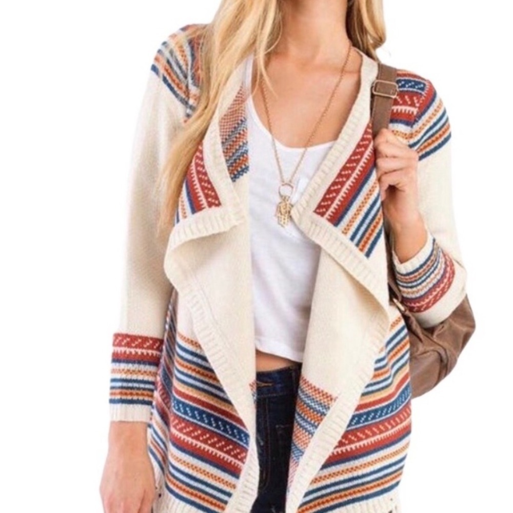 Ekklesia Fair Isle Tribal Aztec Multi Stripe Open Front Cardi Blue Orange Sz M/L